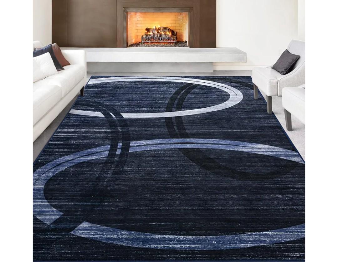 Kimicole 9x12 Large Area Rugs for Living Room Bedroom, Modern Abstract Geometric Washable Rugs, Low Pile Thin Rug, Non-Slip Indoor Wavy Circles Floor Carpet for Office Dining Room Home Decor (Blue)