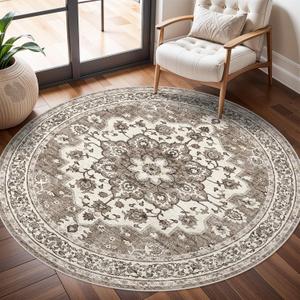 Washable Oriental Area Rug - 6ft Round Rugs for Living Room Soft Carpet for Bedroom Waterproof Floral Distressed Indoor Stain Resistant Non-Shedding Floor Carpets (Beige, 6ft-Round)