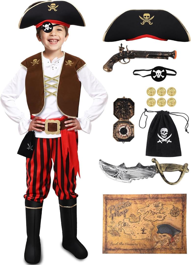 Pirate Costume Set for 3-14 Years Boys, Kids Pirate Costume Set for Toddler Halloween Dressup, Themed Party Red (5-7Y)