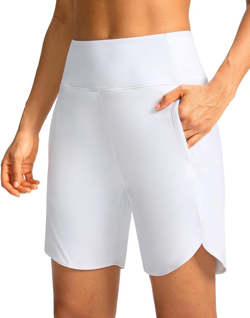 Soothfeel Women's 7" Athletic Running Long Shorts with Pockets High Waisted Bermuda Shorts for Women Workout Walking Casual (White, XL)