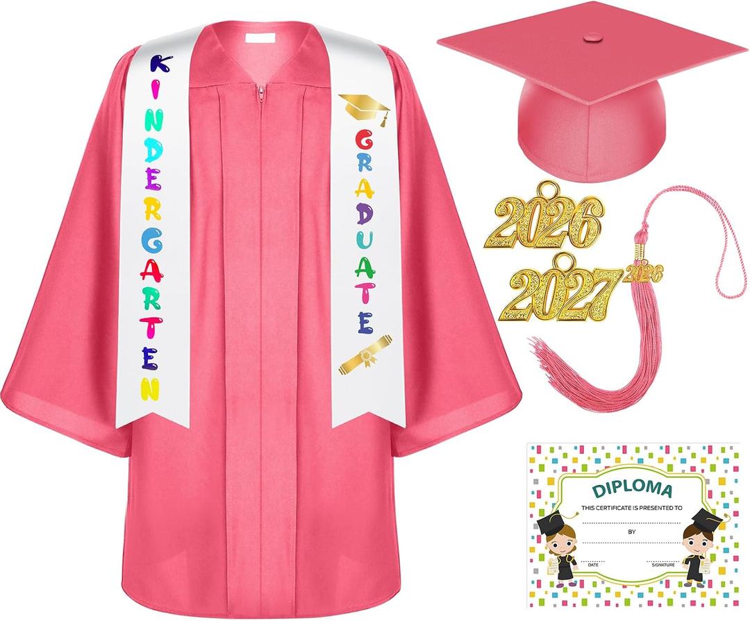 Unisex Matte Kindergarten Graduation Gown Cap Tassel Set with 2024 Charm Printed Stole for Kid Grad Gift(Pink, 33)
