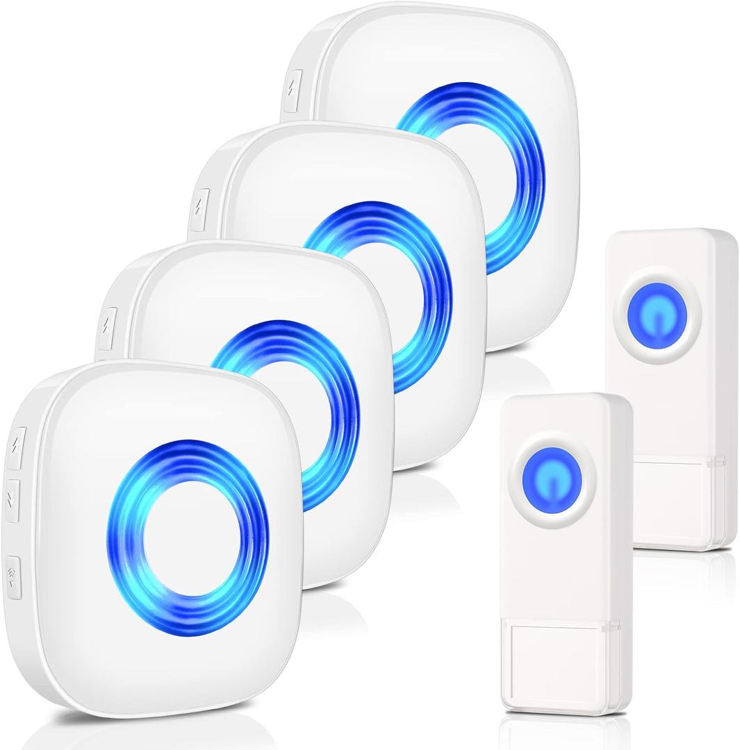 Wireless Doorbell, PHYSEN Waterproof Door bell Chime Kit Operating at 1300-ft Range 58 Adjustable Melodies 5 Volume Levels & LED Flash, Doorbell Alarm for Home/Classroom, 2 Push Buttons+4 Receivers