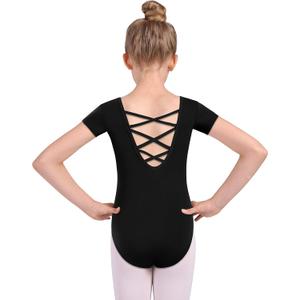 MOLLDAN Girls Dance Ballet Leotards Short Sleeve Criss Cross Straps Back (10-12 Years, Black)
