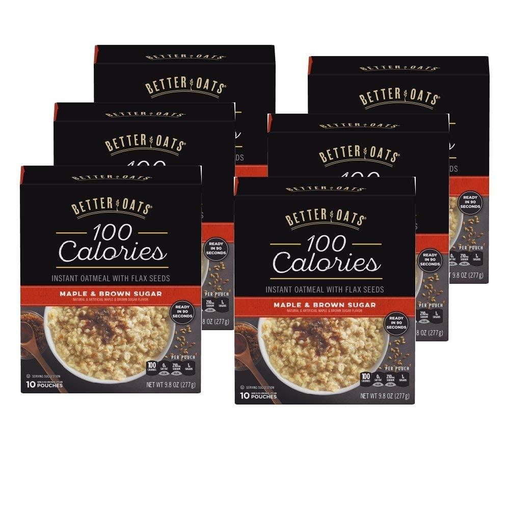 Better Oats 100 Calorie Maple & Brown Sugar Oatmeal Packets, Whole Grain with Flax Seeds and Rolled Grains, Cooks in 90 Seconds, Box of 10 Pouches (Pack of 6) BBD:10/12/25