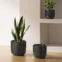 LE TAUCI Ceramic Pots for Plants, 8.3/7/6 Inch Indoor Planters with Drainage Holes & Mesh, Modern Glossy Glaze Cylinder Fluted Plant Pot for Snake Plant, Set of 3, Dark Olive, Medium