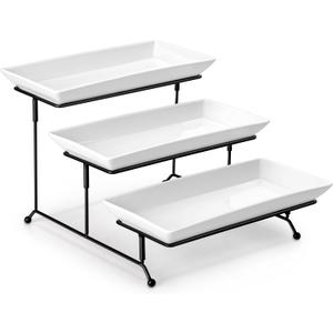 MALACASA 3 Tier Serving Trays for Party, Porcelain Serving Platters and Trays, 12 Inch Tiered Tray Stand, Fruit Tray, Trays for Serving Food, White Dessert Stand with Collapsible Sturdier Metal Rack