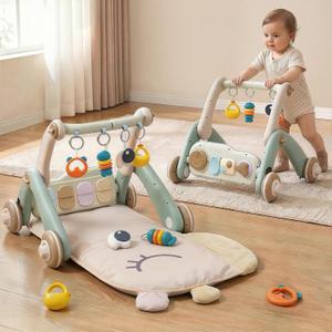 2 in 1 Baby Gym with Walker,Baby Play Mat with 4 Infant Learning Sensory,Double-Sided Multifunctional Removable Play Piano Panel,Sit-to-Stand Learning Walker for 0-24 Months Boy Girl [White]