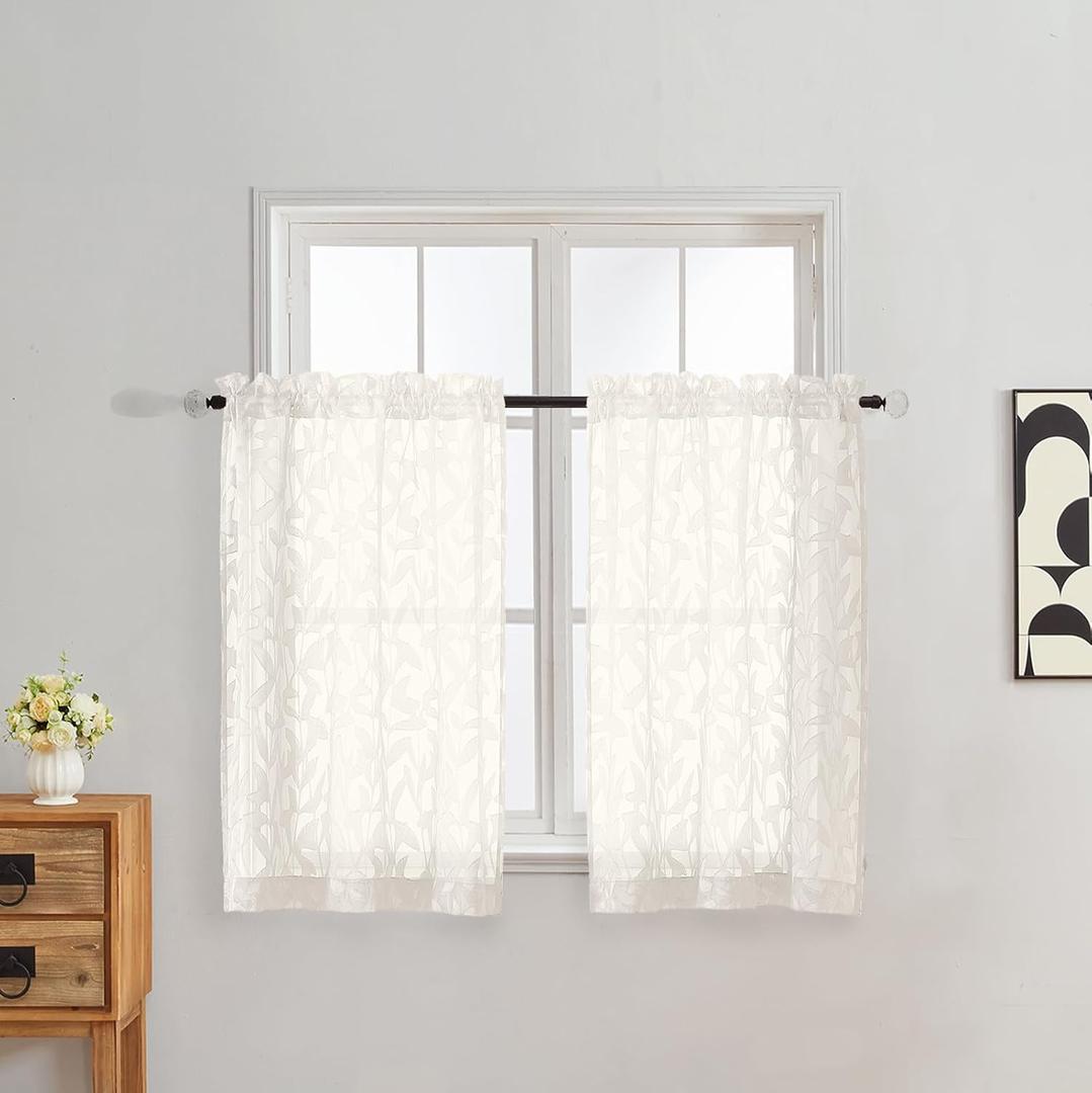 Gwine Ivory Curtains 36 Inch Length, Light Filtering Short Half Window Curtains Over Sink, Jacquard Leaf Tufted Textured Sheer Curtain for Bathroom Basement RV Camper, 42" Wx36 L, 2 Pieces