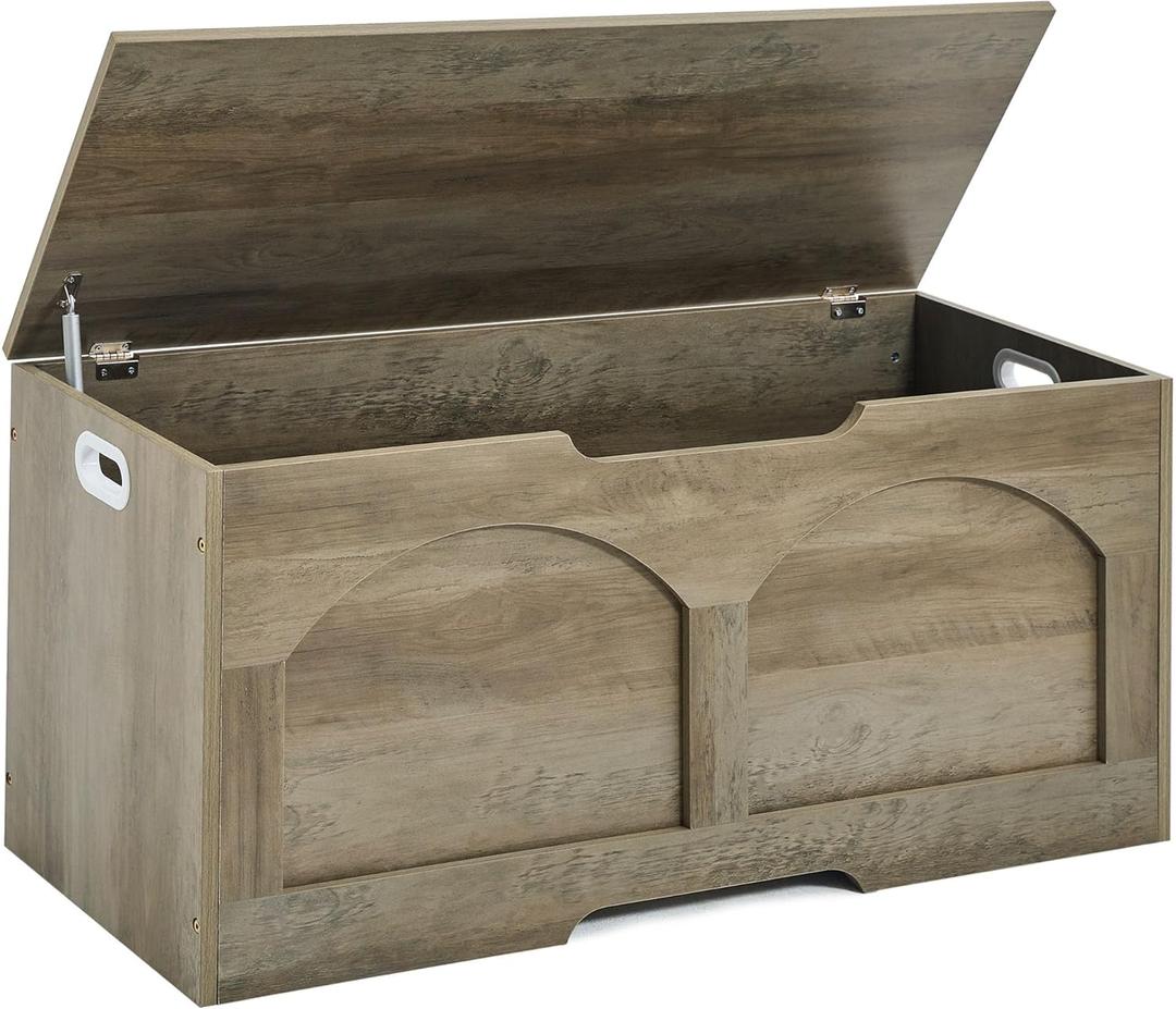 Storage Bench, 39.4" Storage Trunk, Storage Chest with U-Shaped Cut-Out Pull, Upgraded Safety Lift Support Hinge, Supports 330 lb, 39.4" x 15.7" x 18.3", Entryway Storage Bench, Greige