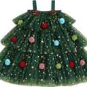 Toddler Girl Christmas Dress Green Xmas Tree Shiny Star Pompom Embroidery Tulle Tutu Princess Dress Holiday Photo (Green) 2-3Y