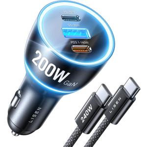 LISEN 200W Car Charger USB C Fast Charge [Gan] PD 140W Fast Car Charger USB C, 3 Port Type C Fast Charging for Multi Device, for iPhone 17 16 15 14 13 12, MacBook Neo Pro, Laptop, iPad, Samsung S26