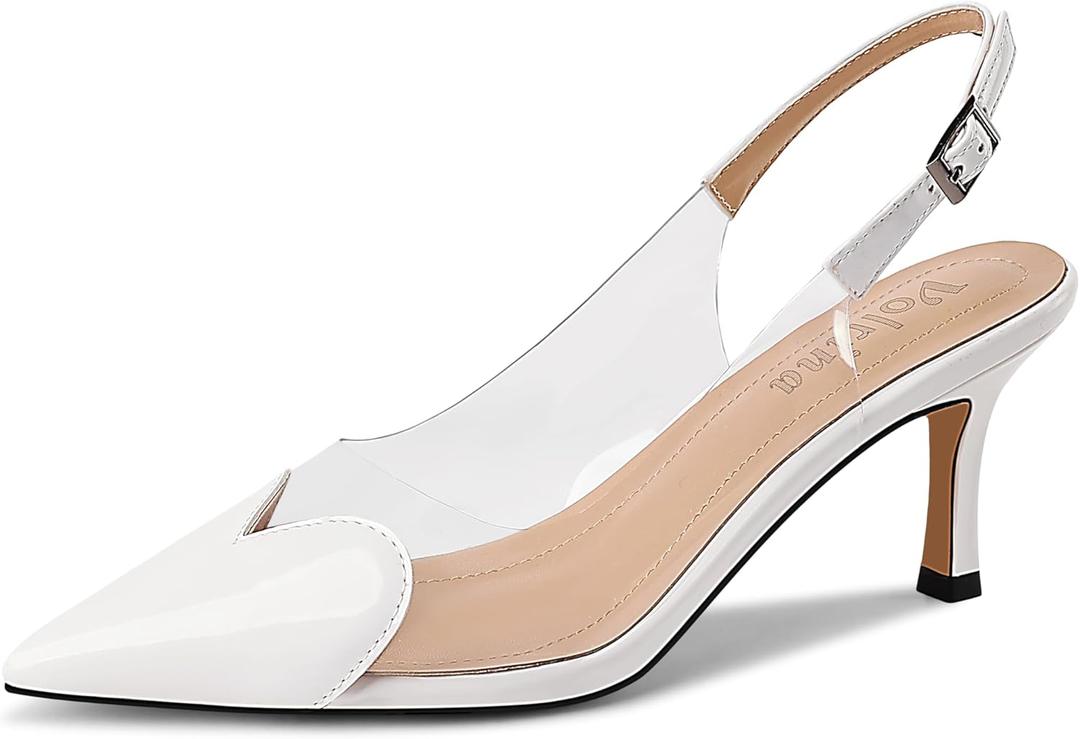 Women's Heart Clear Heeled sandals Pointed Toe Transparent Slingback Heels Buckle Strap Patent Leather Pumps Party Prom Dress Shoes (8.5, White)