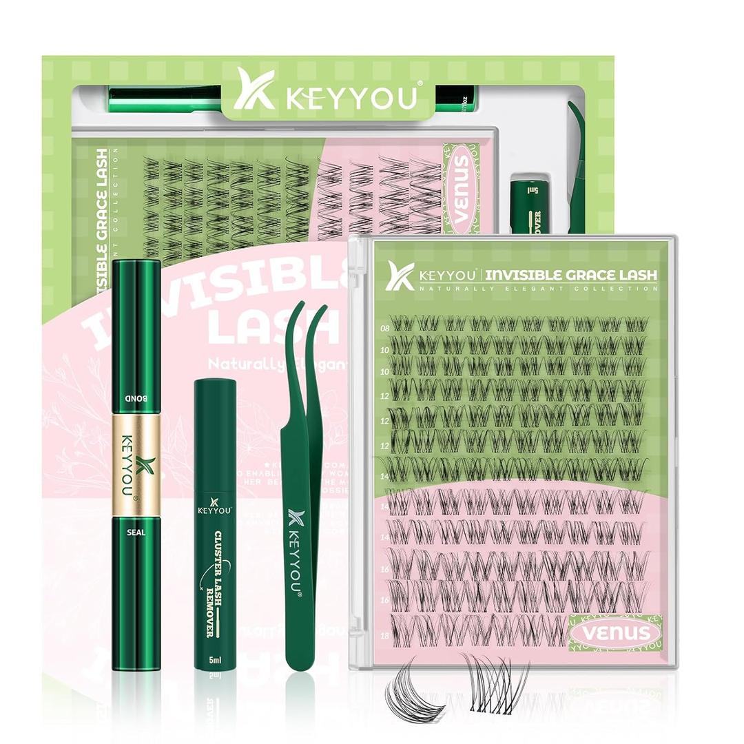 KEYYOU Venus Lash Clusters Kit Fairy Lash Extension Kit C Curl 120Pcs Eyelash Extension Wispy Natural Invisible Band with Waterproof DIY at Home (Venus-C-8-16MIX)