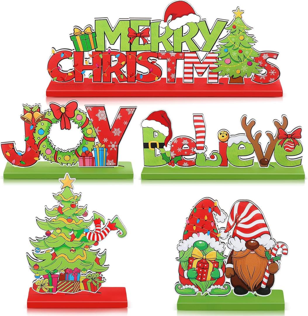 Capoda 5 Pcs Christmas Table Signs Decorations Merry Christmas Wooden Table Centerpieces Red and Green Joy Believe Tabletop Ornament Desktop Decor for Xmas Holiday Party Home Decorations Supplies