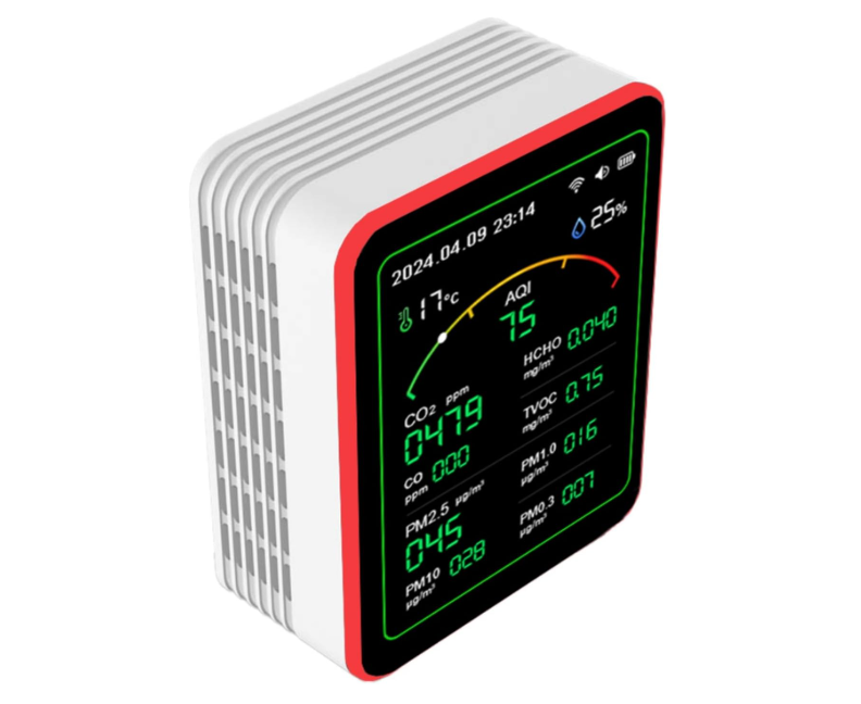 Air Quality Monitor Home Indoor  15in1 Professional Air Meter with HCHO, CO2, PM, TVOC, AQI, Temperature & Humidity, RealTime Display, App Control, Portable, Accurate for Home & Office Use