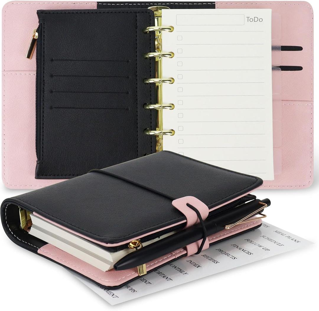 Koqye A7 Refillable Planner Small Binder Notebook 6 Ring, Portable PU Leather Organizer with Zippered Pocket, To-Do & Blank Refill Papers, Dividers, Monthly Sticker, Pen, for Students, Professionals, Travel (Black & Pink)