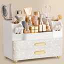HBlife Makeup Organizer for Vanity with Brush Holder, Large Bathroom Countertop Cosmetic Organizer Skin Care Storage, Easy to Store Nail Polishes, Perfumes, Eyeshadow Palettes, Pearl All White