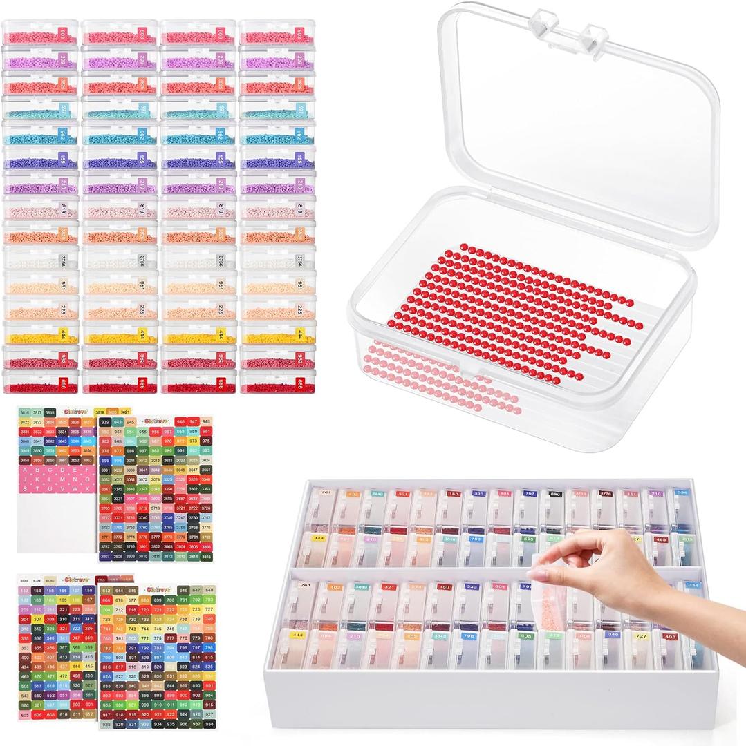 Glotrove Diamond Art Storage Containers Trays, 60pcs Diamond Painting Trays with Lids, 2in1 Beads, Gems & Drills Storage and LineUp Accessories for Diamond Painting