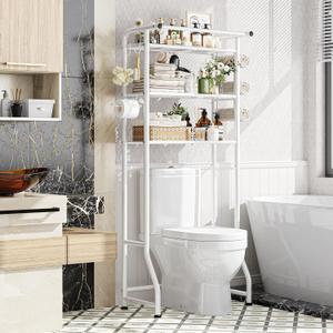 Simple Trending 3 Tier Over The Toilet Storage Rack, Metal Bathroom Shelf, Bathroom Stand Organizer Space Saver with Paper Holder and Hooks, White