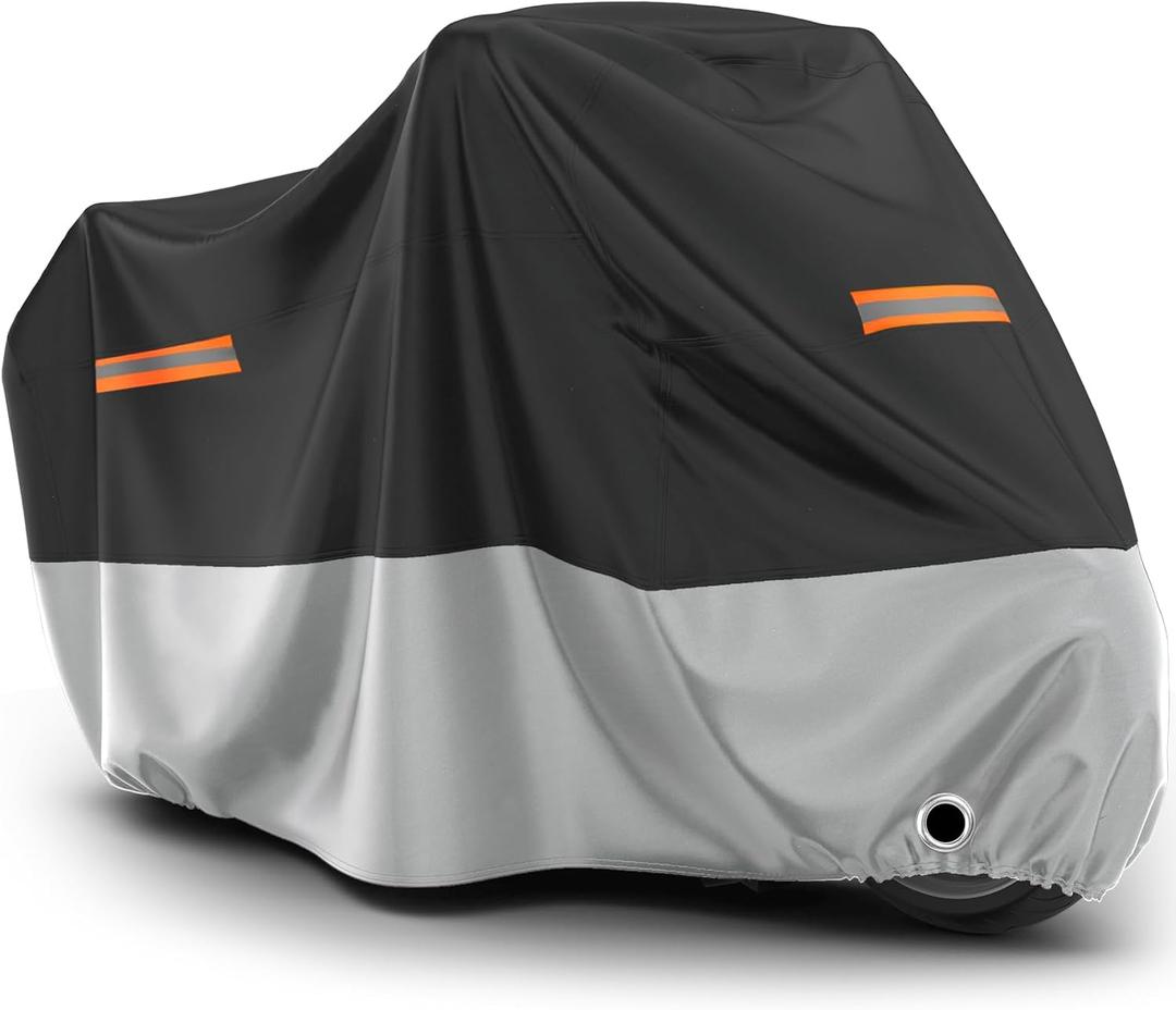 Favoto Motorcycle Cover Waterproof Outdoor - All Season Sun Protection with Lock-Holes Rain Snow Windproof Dustproof Universal Fit Motorbikes Vehicle Moped Cover, 96.5" x 41" x 50" (Black & Silver)