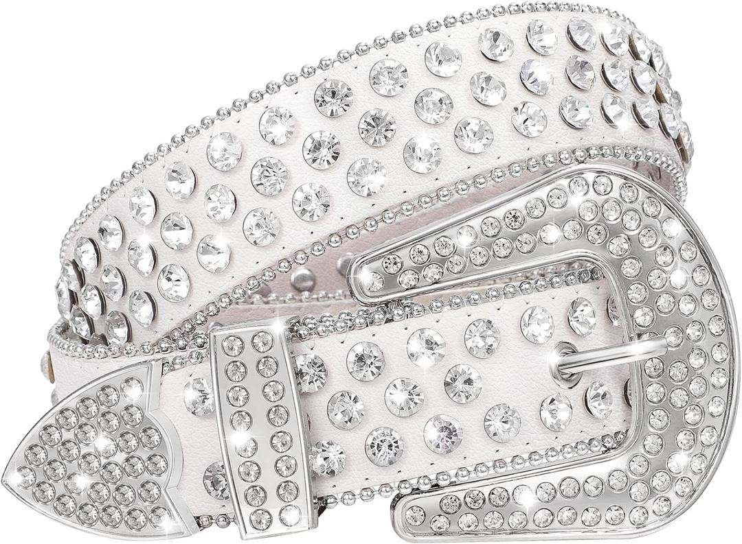 WHIPPY Women Rhinestones Leather Belts Bling Studded Western Cowgirl Waist Belt for Jeans Pants with Removable Buckle (S:Fit Waist Size 28-32", 3-white)
