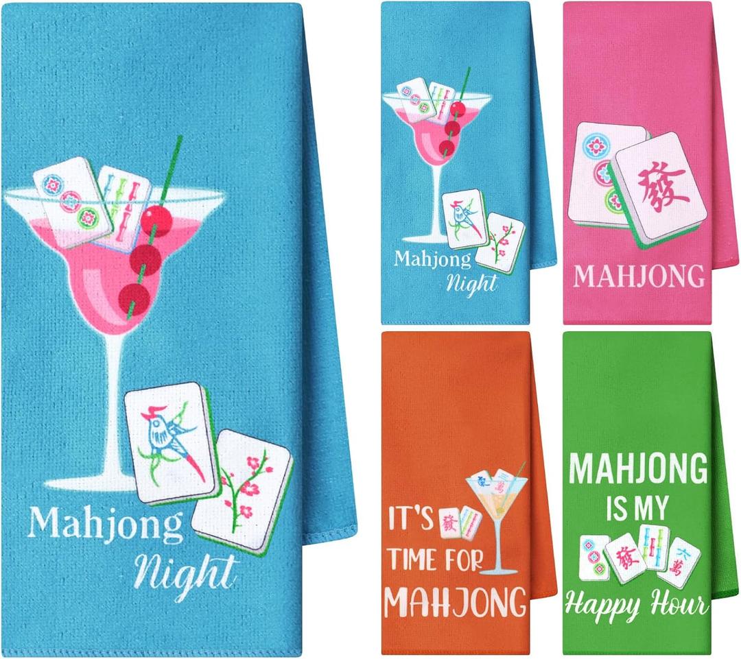Newwiee 4 Pcs Mahjong Cocktail Dish Towels Gifts for Women 16 x 24 Inches Funny Kitchen Napkins Decorative Hand Tea Towel Mahjong Lover Gifts for Kitchen Bathroom Decor(Colorful)