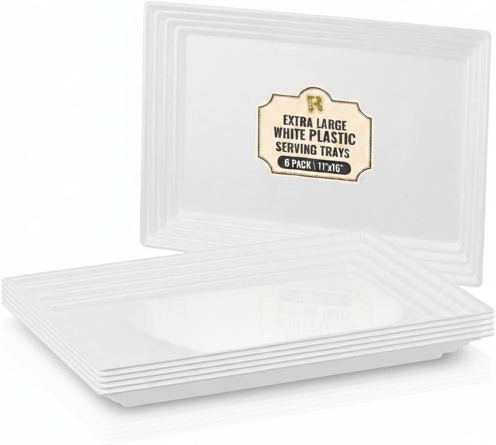 6 Pack Extra Large Plastic Serving Trays for Party - 16 x 11 White Large Serving Tray - Heavy Duty White Plastic Trays for Food - Rectangular Party Serving Trays and Platters