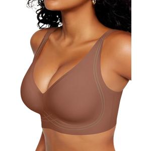 Vertvie Deep V Bras for Women No Underwire Push Up Wireless Bra Comfort Seamless Supportive Bra Racerback Soft Sleep Bralette (Medium, Coffee)