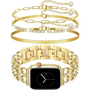 Gold Watch Band and 3Pc 14k Gold Bracelet Set Compatible with Apple Watch Band 38/40/41/42mm (S10) Adjustable Metal Band Cowboy Steel Chain Bracelet for iWatch Series1/2/3/4/5/6/7/8/9/10/SE (No Case)