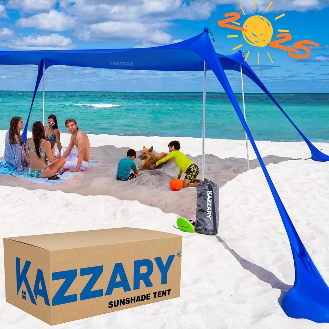 Beach Tent UPF50+ Sun Shade Canopy with Sandbags, 4 Stability Poles, Ground Pegs, Flying Disc Sand Shovel, Lightweight Sunshade Shelter, 7ft Tall for Outdoor Trips, Camping and Sports (Bright Blue)