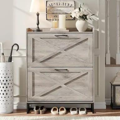 Maupvit Shoe Cabinet with 2 Flip Drawers, Freestanding Shoe Cabinet Organizer with Metal Legs, Shoes Storage Cabinet for Entryway, Narrow Shoe Rack Cabinet, Washed Gray