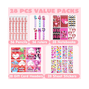 JOYIN 28 Packs Valentine's Day Stationery Set with Gift Card for Kids, Includes Pencils, Rulers, Notebook and Stickers for Classroom Exchange Party Favors Supplies