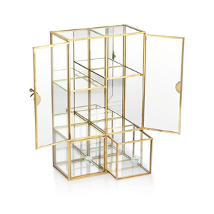 ELLDOO Clear Glass Storage Box with 2 Drawer, Gold Mirrored Jewelry Makeup Display Organizer Case, Decorative Tower Box Storage for Trinket Perfume Lipstick Figure Statue Toy Display