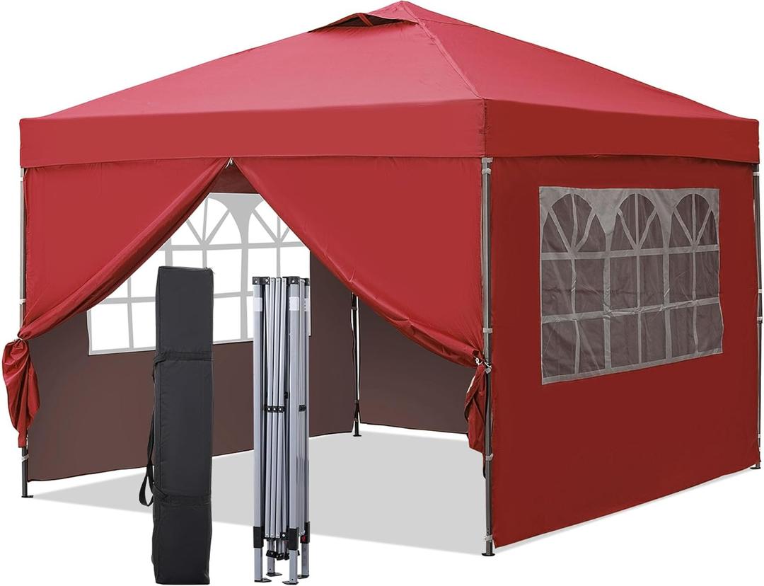 GDY 10x10 Easy Set Up Camping Canopy, Pop Up Tent with 4 Piece Sidewalls, Easy Up Canopy for Events, Parties, Gatherings, Camping, Red.