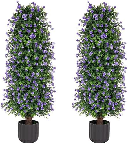 Sunnyglade 2 Packs Artificial Rose Tree 3FT- Fake Floral Plant Tree in Pot- Decorative Topiary Plant - Cement Filled Potted Faux Flower Plant for Home Office Porch Decor Indoor Outdoor (Red)