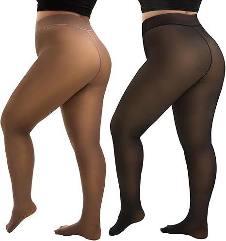 HONGTEYA 2 Pairs Plus Size Fleece Lined Tights Women, Fake Translucent Thermal Tights Pantyhose Sheer Leggings 3XL-4XL