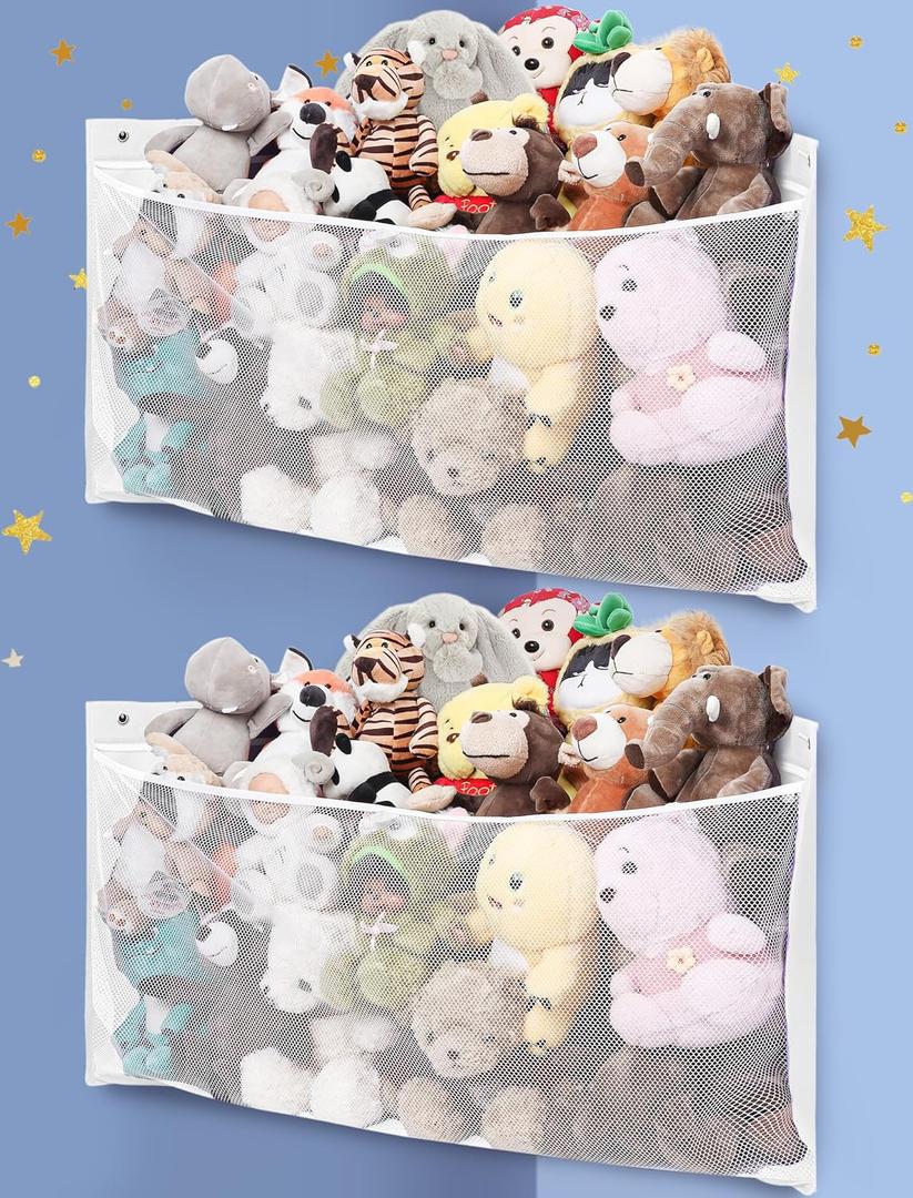 ANROYE 2PCS Large Corner Stuffed Animal Storage, Kids Plushies Toy White Wall Hammock for Girls Room, Baby Squishmallow Holder for Nursery, Organizer Idea for Bear Hanging Display Boy Gift