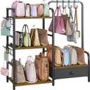 Purse Organizer for Closet, with Bottom Drawer, Extra Large Capacity 3 Tier Handbag Storage Rack for Women, 10 Purse Hanger and Hooks for Bag Organizer, Floor-Standing, Home, Living Room (Black)