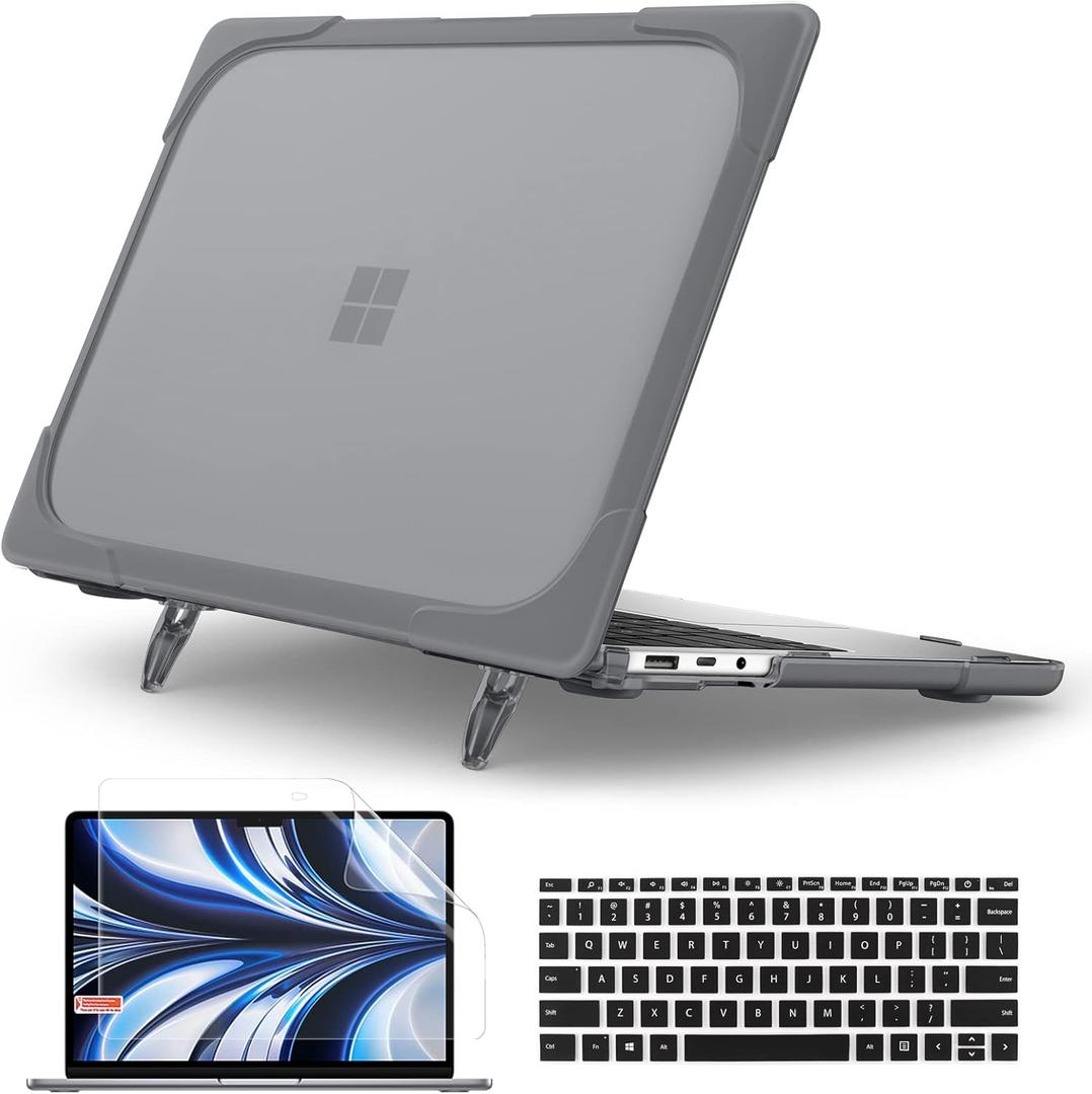 Batianda Heavy Duty Case for 13.5" Microsoft Surface Laptop 5 4/3 with Metal Palm Rest,Shockproof Protective Cover with Fold Kickstand for Enhanced Durability & Keyboard Cover Screen Protector, Gray