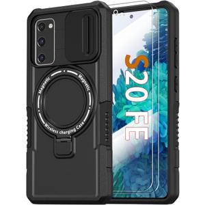 Magnetic Case for Samsung Galaxy S20 FE 5G with Ring Stand [Compatible with MagSafe Wireless Charging] [2X Screen Protector] Military Grade Heavy Duty Shockproof Case with Slide Camera Cover, Black