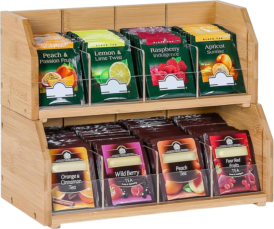 2-Layer Stackable Bamboo Tea Bag Organizer Storage Holder & Rack - Wooden Tea Box Containers - Stand for Countertop or Cabinet