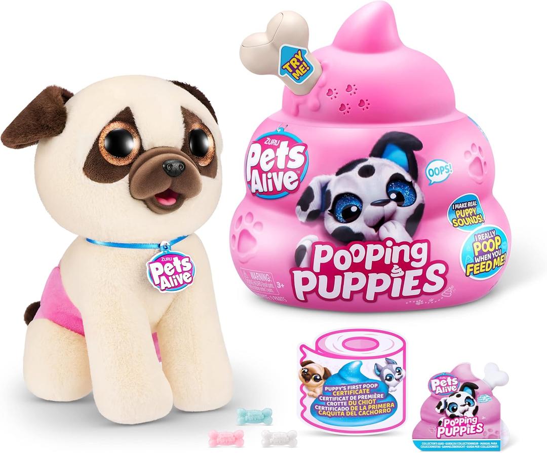 Pets Alive Pooping Puppies (Pug) by ZURU Surprise Puppy Plush, Ultra Soft Plushies, Interactive Toy Pets, Electronic Pet Puppy for Girls and Children (Series 1)
