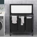 LINZINAR 3 Bag Laundry Basket Sorter Heavy Duty Rolling Lockable Wheels Laundry Hamper Cart with Ironing Board and Removable Bags, Black