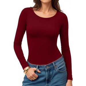 MANGOPOP Womens Tops Long Sleeve Crew Neck t Shirts Double Lined Slim Fitted Lined Tight Basic Tee Shirt (Large, Red)