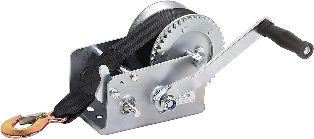 Hand Winch Boat Trailer Winch 2500lbs Heavy Duty Hook with 23ft Black Polyester Strap, Two Way Ratchet Portable Manual Winch for Trailers ATV UTV Boat Marine