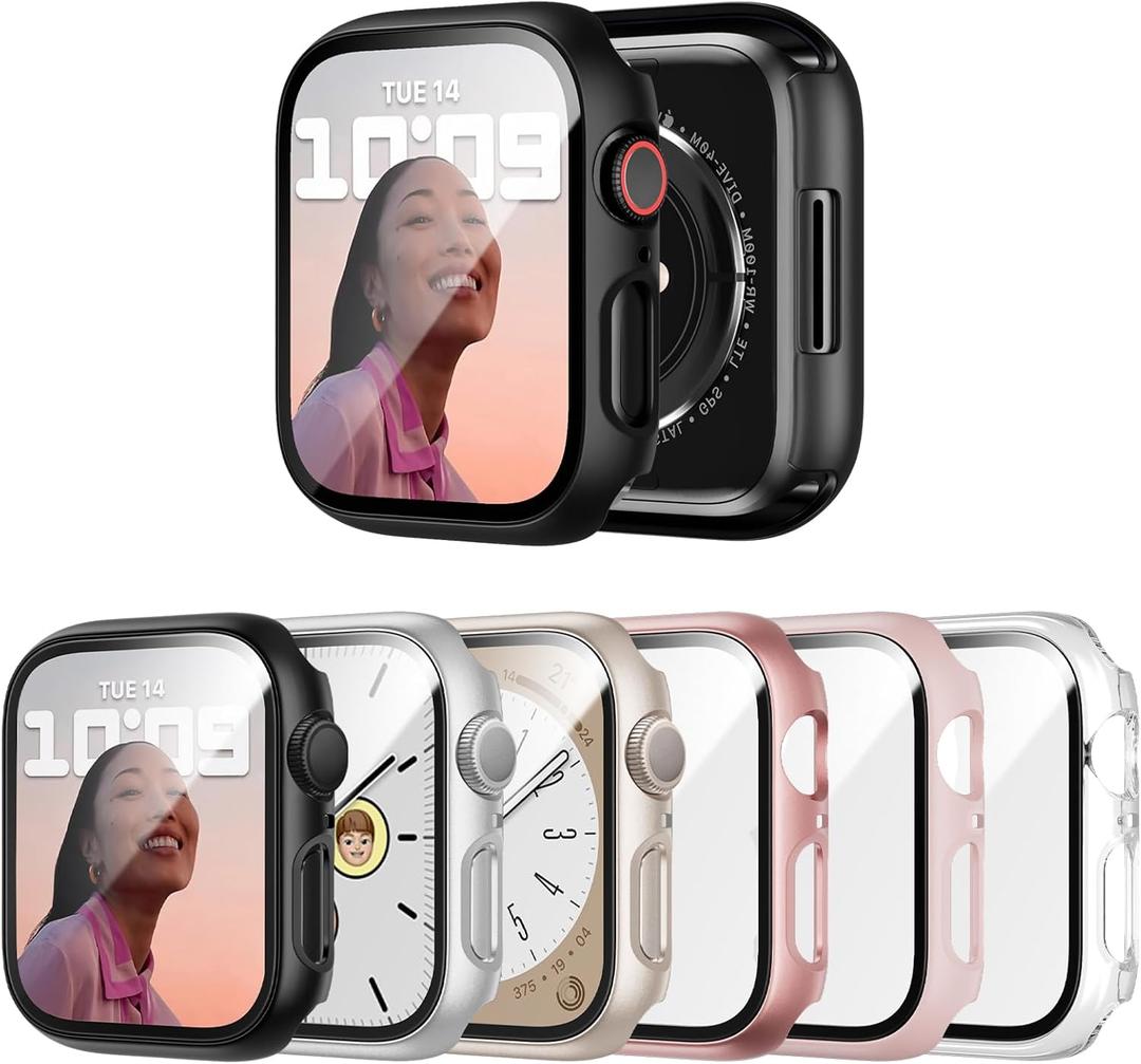 6 Pack Case with Tempered Glass Screen Protector for Apple Watch Series 9/8/7 41mm, Ultra-Thin Scratch Resistant Full Protective Hard PC Bumper Cover for iWatch 41mm Accessories (Black/Clear/Starlight/Silver/Rosegold/Pink)