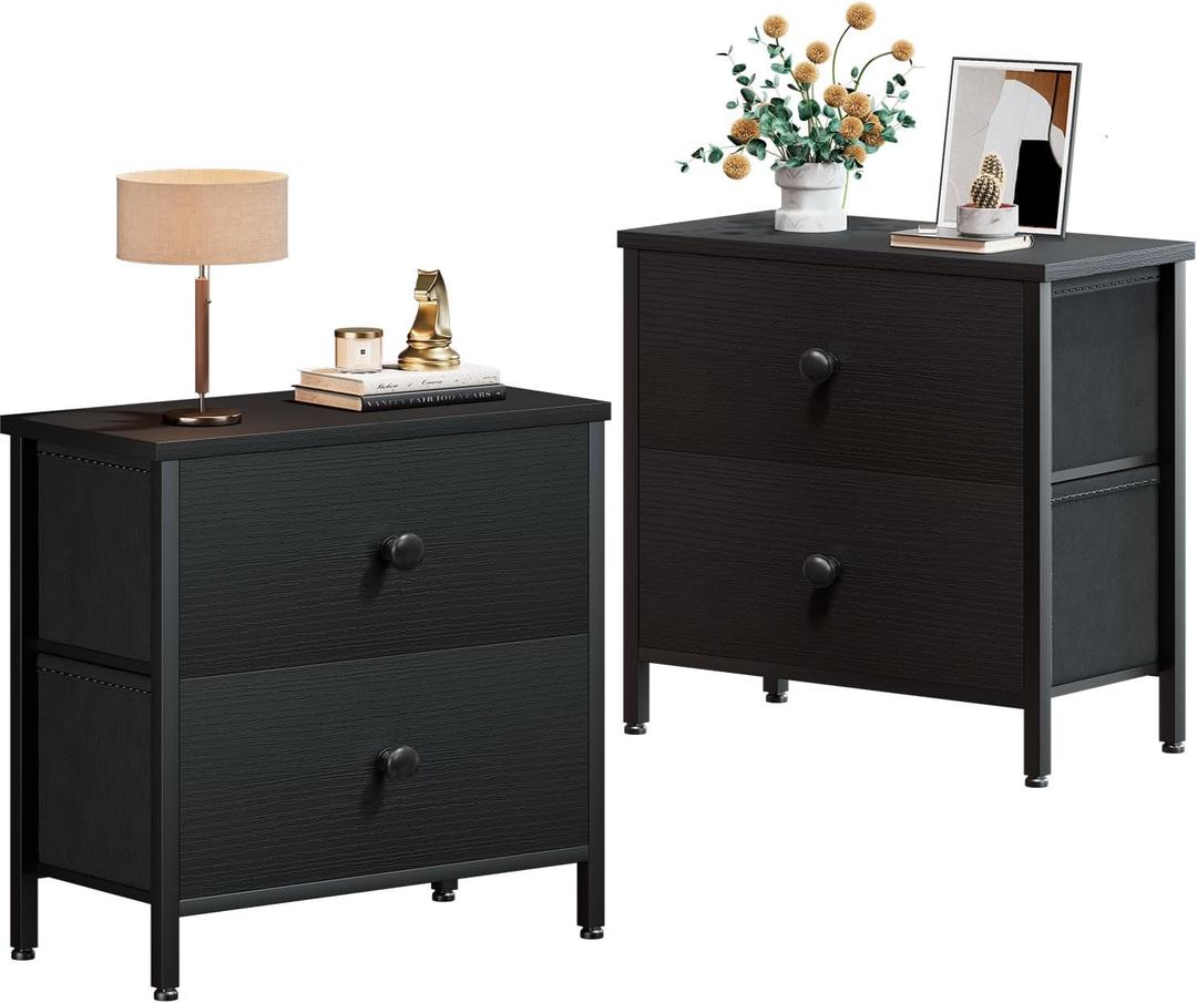 BOLUO Black Nightstand Set of 2, Large Night Stand with Drawers Set 2 Drawer Dresser for Bedroom Modern (Large 2 pcs)