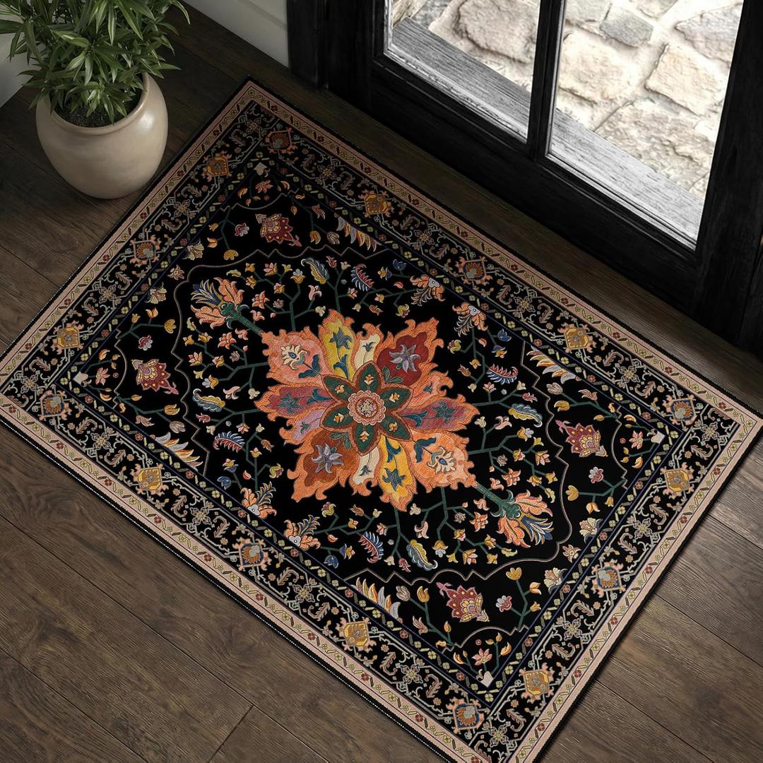 Area Rugs 2'x3' Kitchen Rugs Entry Rug Small Rugs for Entryway Kitchen Bathroom Door Mat Indoor Entrance,Washable Non Slip, Black Colorful Floral Dark Tan