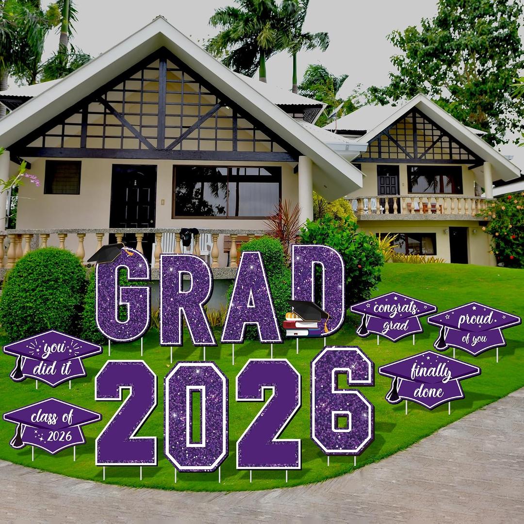Aneco Waterproof 2026 Grad Yard Signs Plastic Graduation Yard Signs Party Outdoor Lawn Decorations 16 Inches Glitter Congrats Grad Lawn Sign with Stakes for Outdoor Party Garden Decor (Purple), 16 x 10 inches
