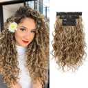 REECHO Curly Hair Extensions, 4PCS 16 inch Clip in Hair Extensions Lace Weft Short Curly Hair Extension Clip Ins Natural Hairpieces for Women, Light Brown with Honey Blonde Highlights